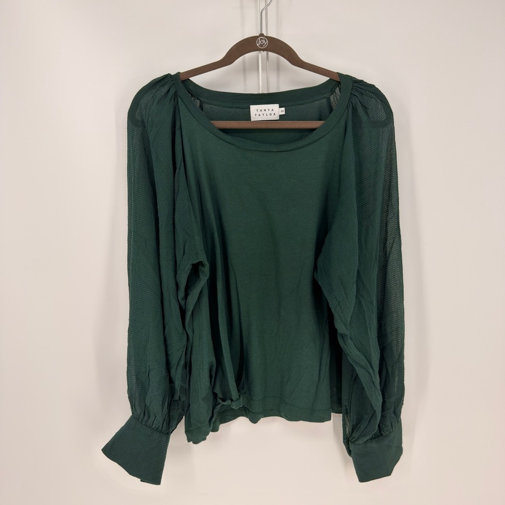 Tanya Taylor Top Womens 3X Green Silk Blend Sheer Mesh Balloon Sleeve Luxe Jewel